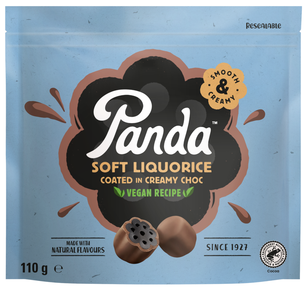 Panda soft Licorice coated in creamy choc, vegan